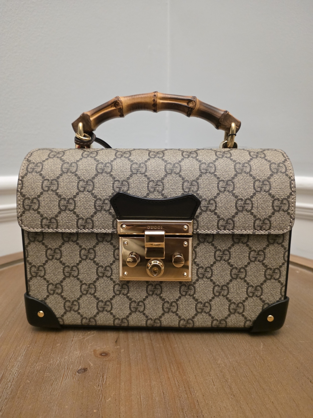 Gucci Beige GG Supreme Bamboo Handle Top-Handle Trunk Bag with Black Trim